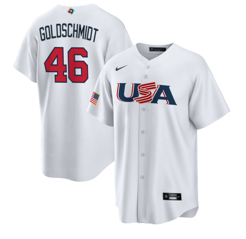 Men's USA Baseball #46 Paul Goldschmidt 2023 White World Baseball Classic Replica Stitched Jersey Men's USA Baseball #46 Paul Goldschmidt 2023 White World Baseball Classic Replica Stitched Jersey